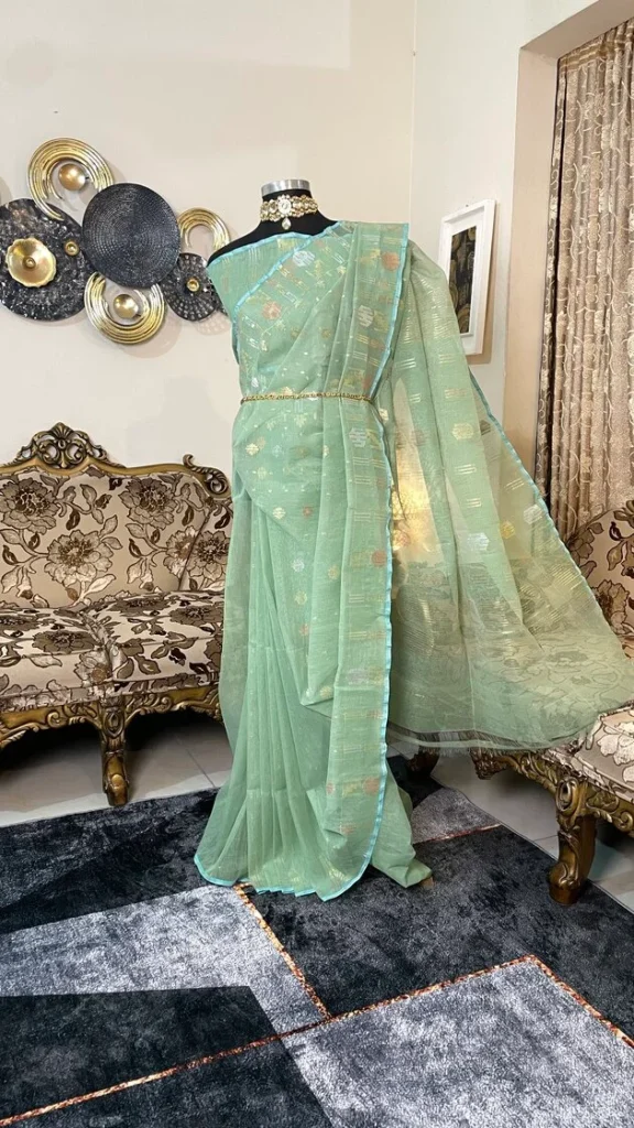 This is a Picture of a Dhakai Jamdani Saree. There are multiple designs woven in the Saree known as 'Motifs'.