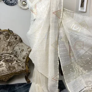 This is a Picture of a Dhakai Jamdani Saree. There are multiple designs woven in the Saree known as 'Motifs'.