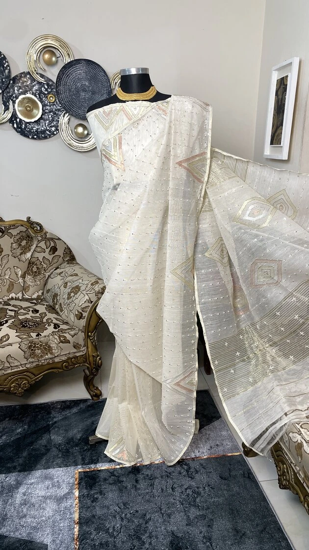 This is a Picture of a Dhakai Jamdani Saree. There are multiple designs woven in the Saree known as 'Motifs'.