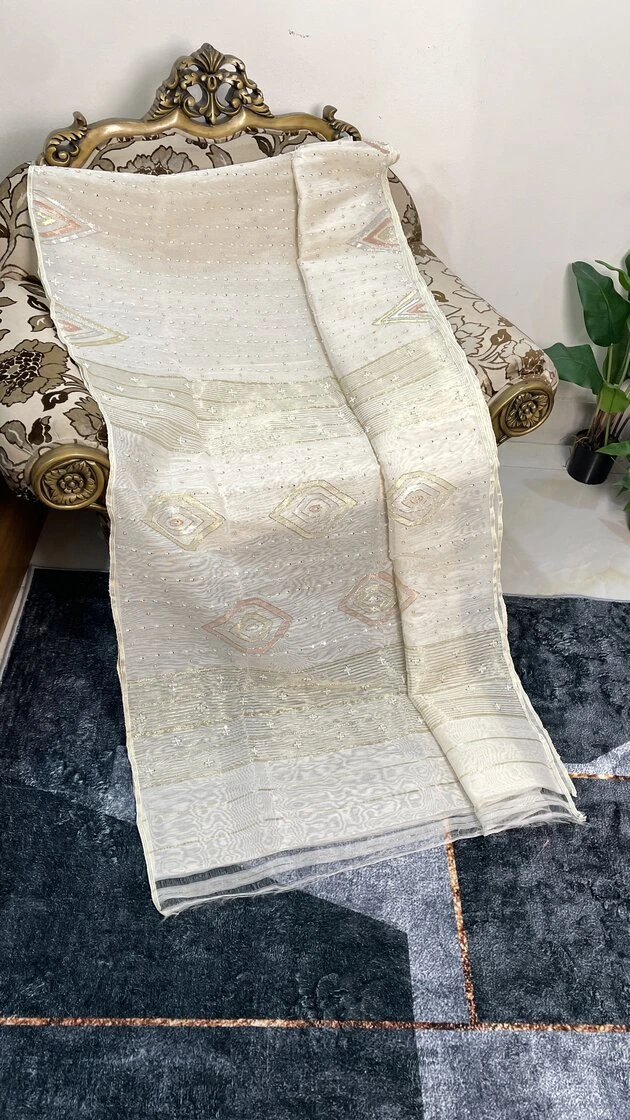 This is a Picture of a Dhakai Jamdani Saree. There are multiple designs woven in the Saree known as 'Motifs'.