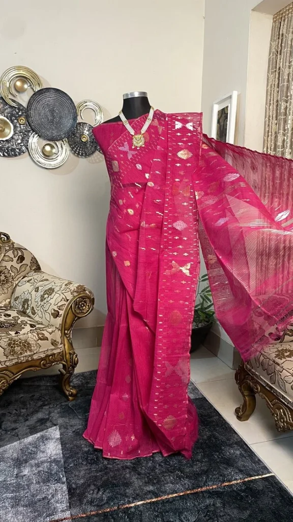 This is a Picture of a Dhakai Jamdani Saree. There are multiple designs woven in the Saree known as 'Motifs'.