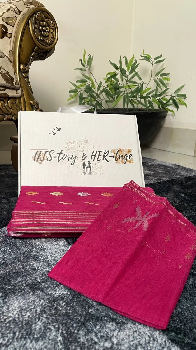 This is a Picture of a Dhakai Jamdani Saree. There are multiple designs woven in the Saree known as 'Motifs'.