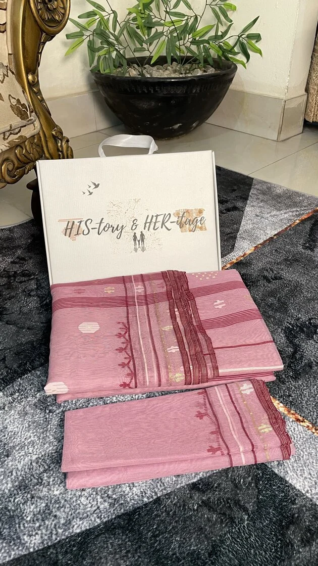 This is a Picture of a Dhakai Jamdani Saree. There are multiple designs woven in the Saree known as 'Motifs'.